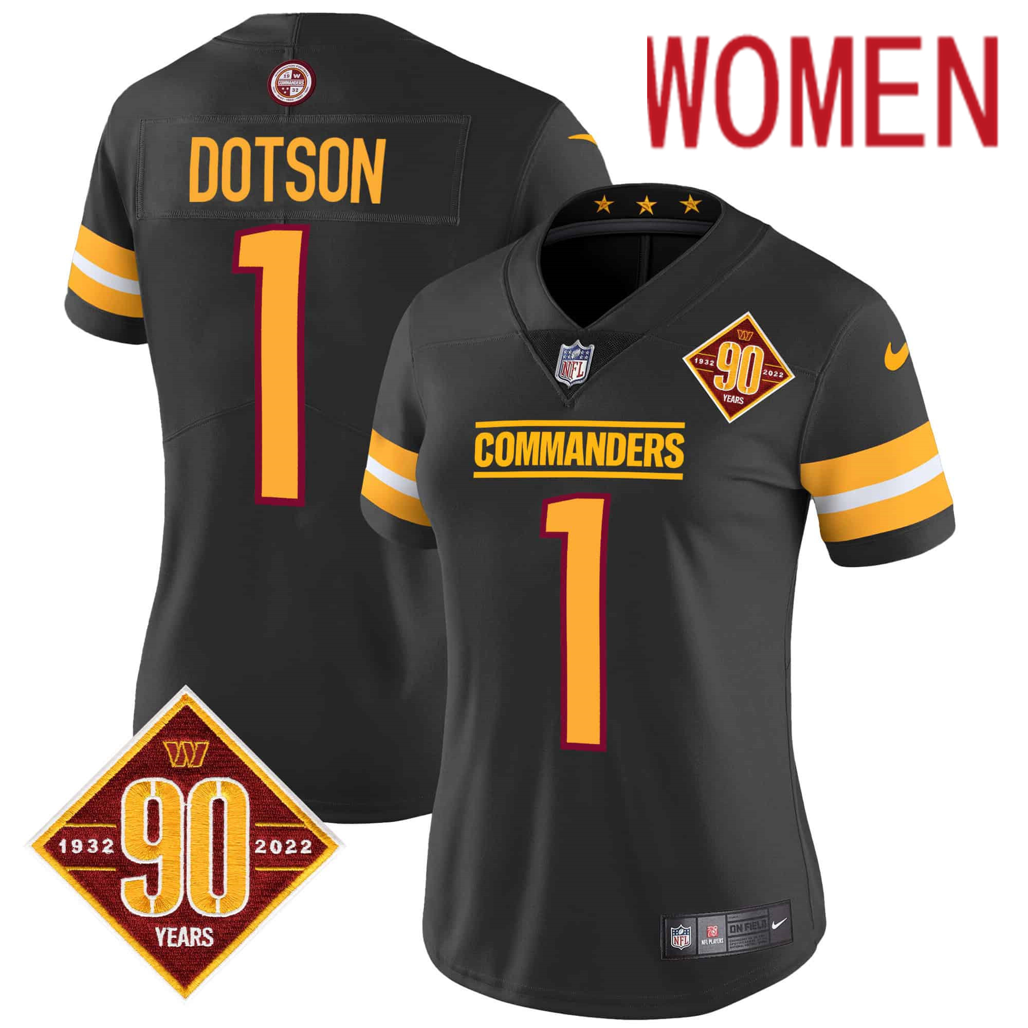Women Washington Commanders 1 Dotson Black 90th Anniversary Patch 2024 Nike Vapor Limited NFL Jersey style 1